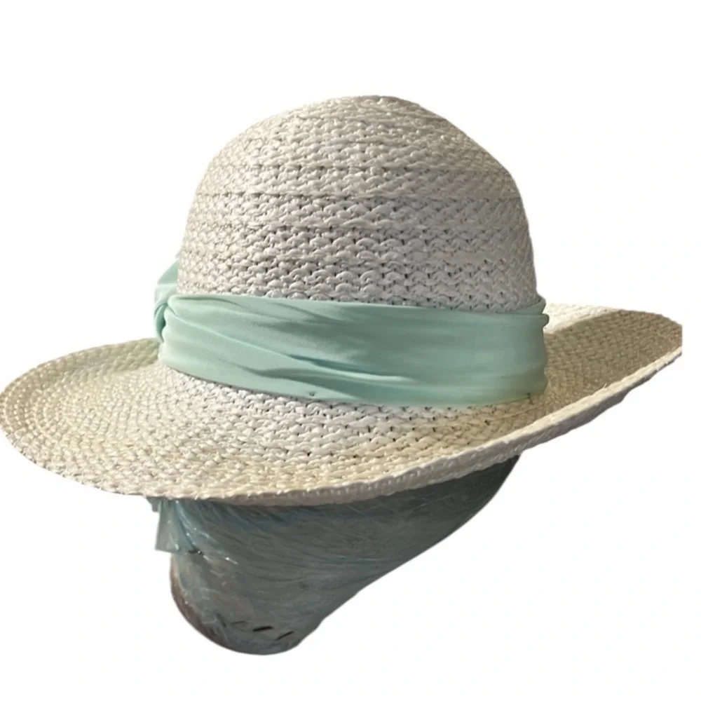 White straw hat spring , summer with mint green scarf attached